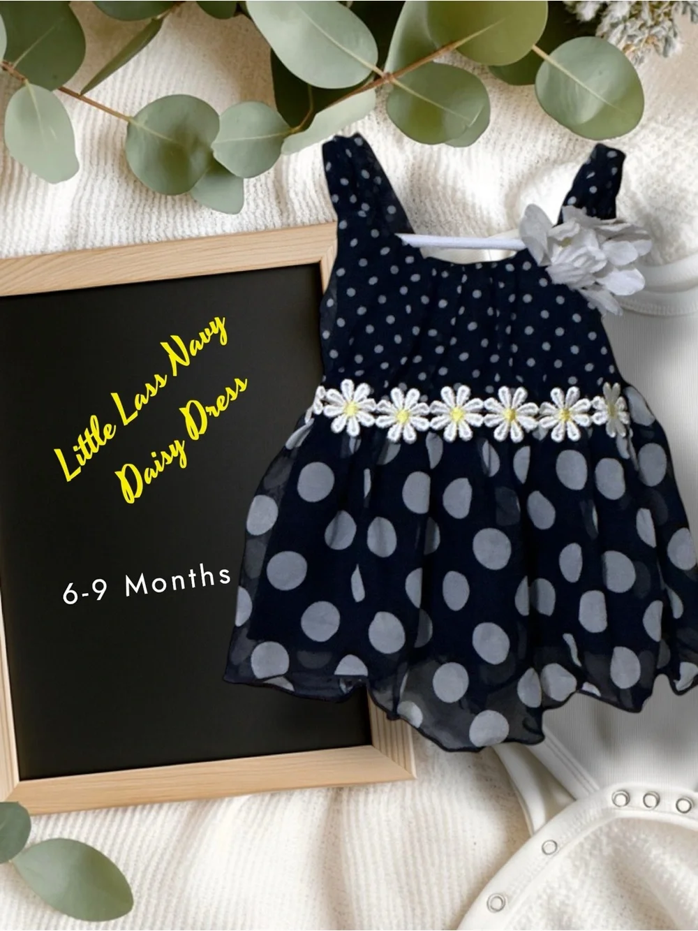 🌼Little Lass Navy and White Polka Dot Dress with Daisy Trim